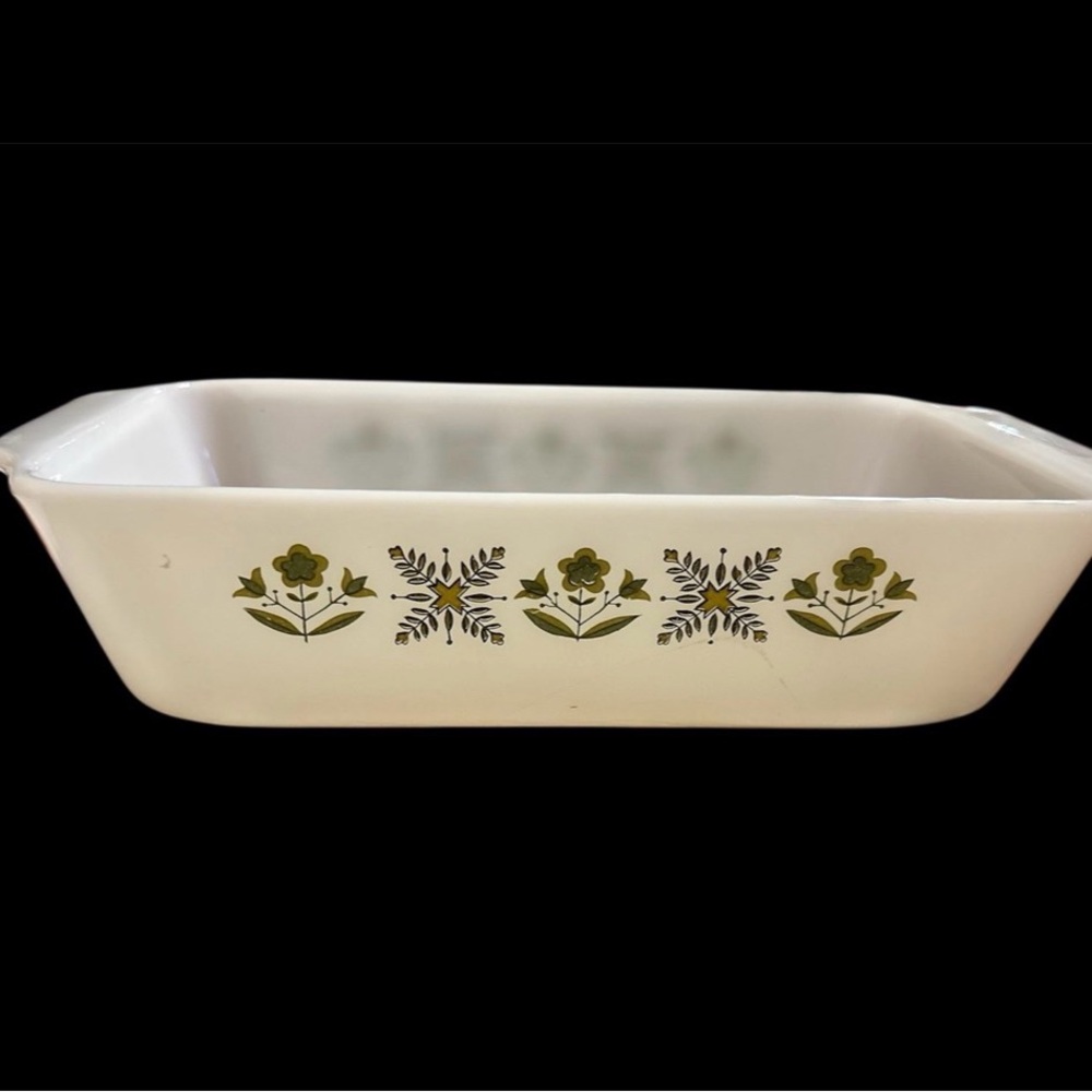 Fire King White Baking Dish with Green Floral Design